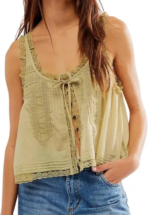 Women Sleeveless Ruffled Lace Trim Chiffon Crop Top Scoop Neck Flowy Button Down Front Tie Mesh Crop Tank Top