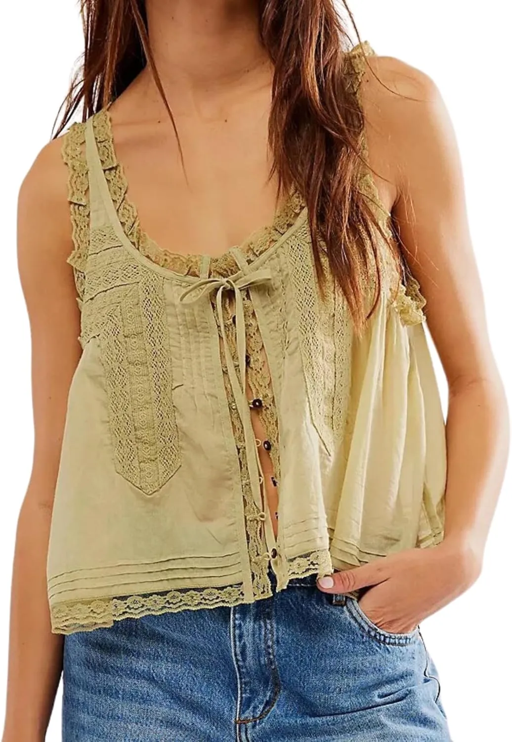 Women Sleeveless Ruffled Lace Trim Chiffon Crop Top Scoop Neck Flowy Button Down Front Tie Mesh Crop Tank Top