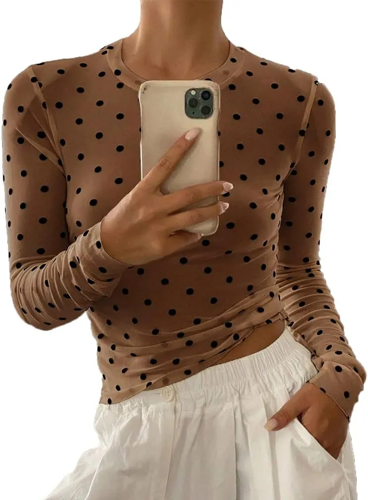 Women Trendy Crew Neck Polka Dot Sheer Mesh Blouse Sexy Slim Fit Long Sleeve See Through Crop Shirt Fall Clubwear