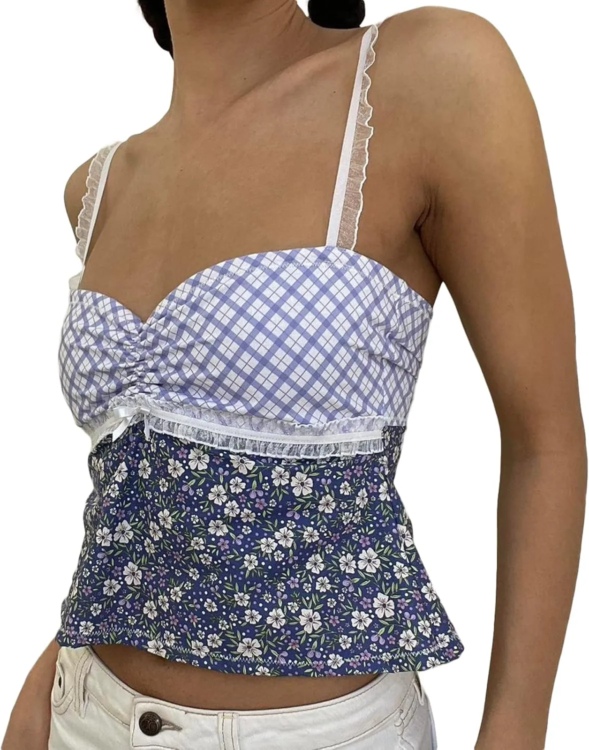 Women Y2k Backless Tank Top Vintage Lace Trim Floral Patchwork Cami Crop Top Summer Party Club Vest 00s Retro Shirt