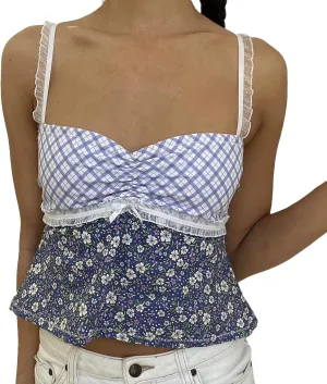 Women Y2k Backless Tank Top Vintage Lace Trim Floral Patchwork Cami Crop Top Summer Party Club Vest 00s Retro Shirt