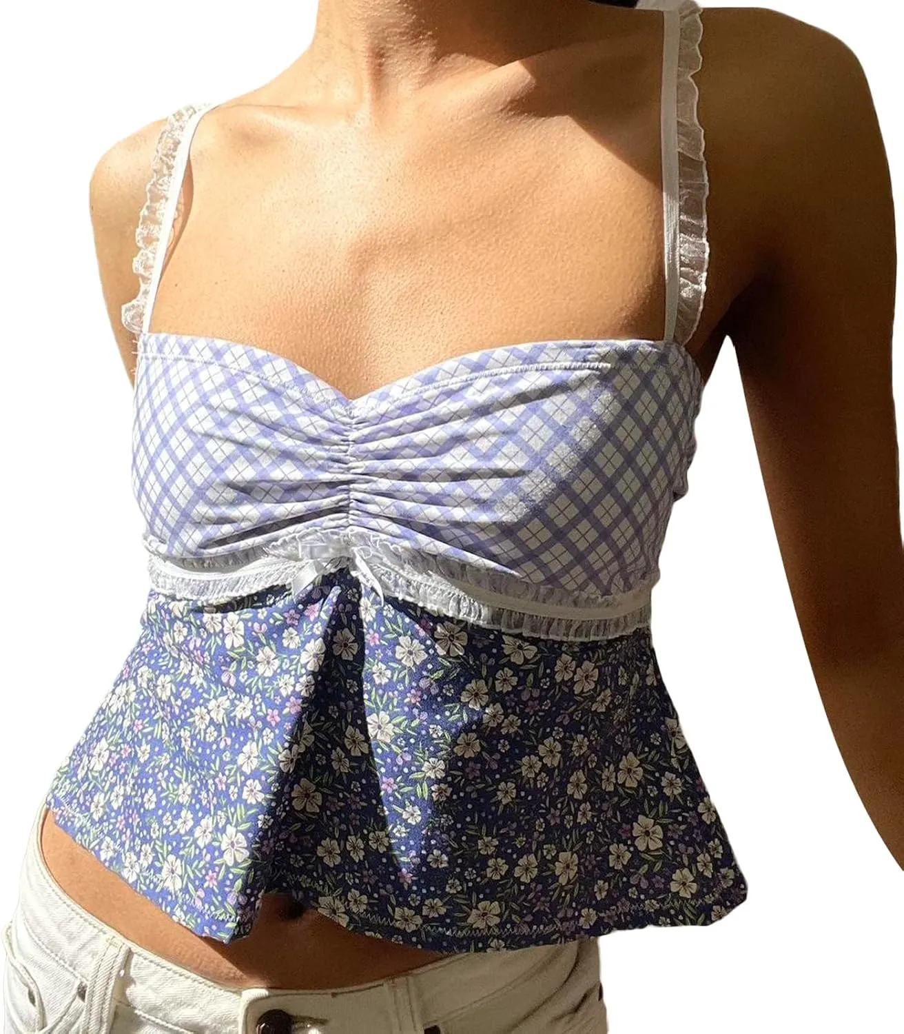 Women Y2k Backless Tank Top Vintage Lace Trim Floral Patchwork Cami Crop Top Summer Party Club Vest 00s Retro Shirt