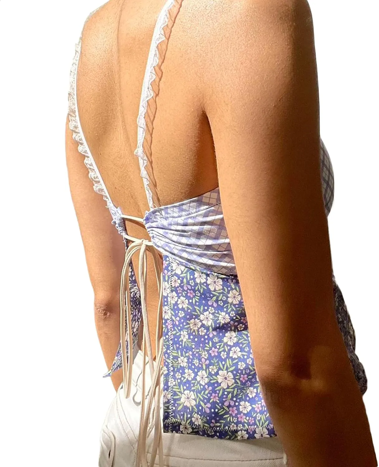 Women Y2k Backless Tank Top Vintage Lace Trim Floral Patchwork Cami Crop Top Summer Party Club Vest 00s Retro Shirt
