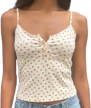 Women Y2k Floral Print Camisole Fairy Cute Lace Trim Spaghetti Strap Crop Top Vintage Summer Vest Tank Top Streetwear