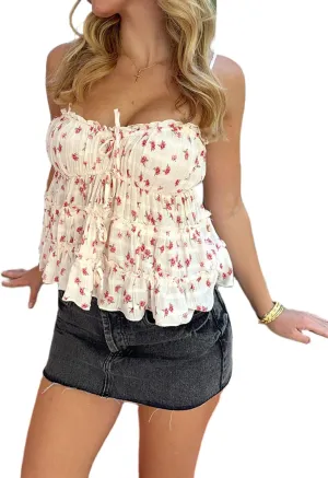 Women Y2k Floral Tank Top Spaghetti Strap Backless Ruffle Ruched Crop Top Flowy Peplum Babydoll Tops Streetwear