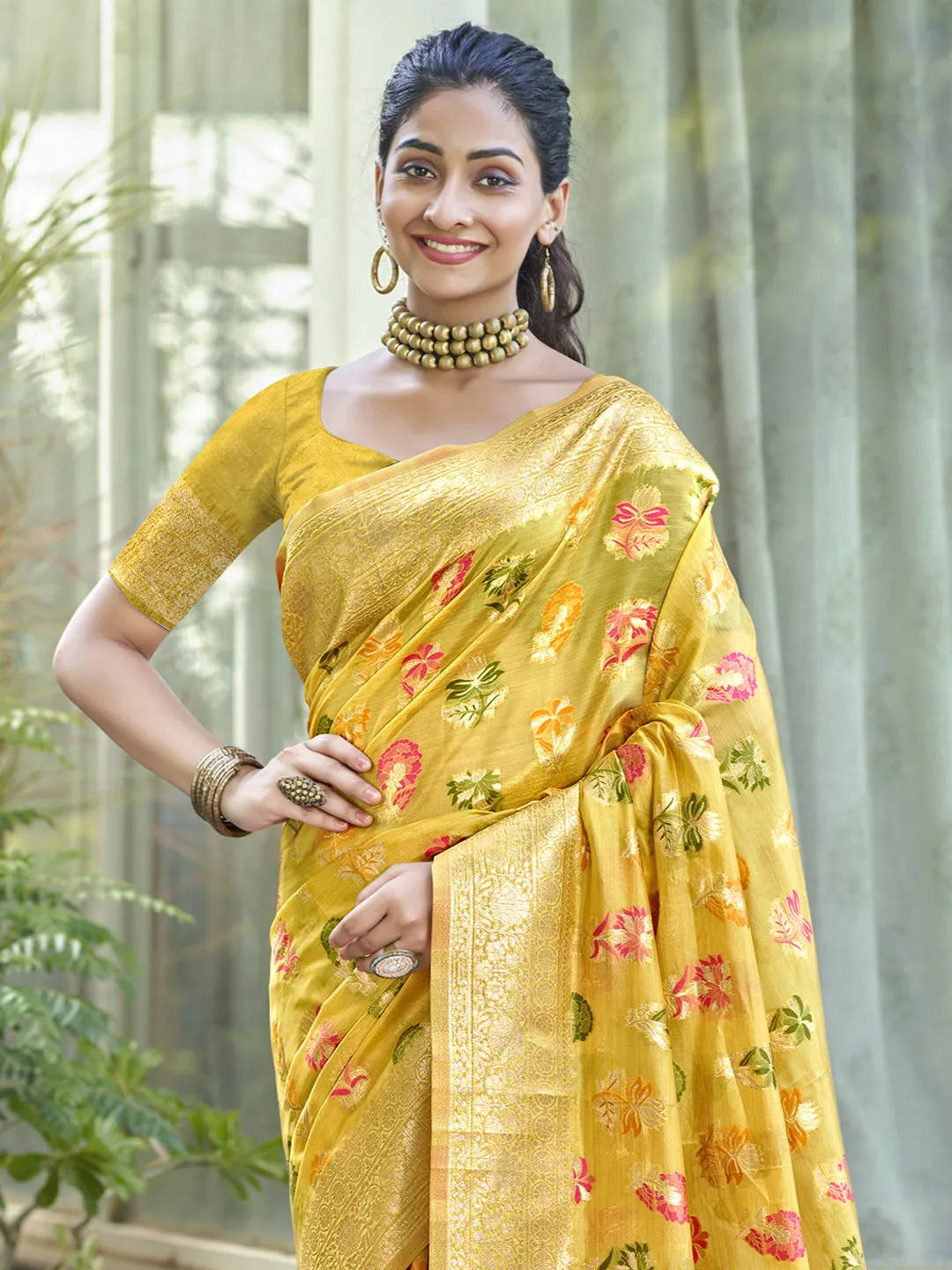 Women Yellow Organza Saree With Un Stitched Blouse