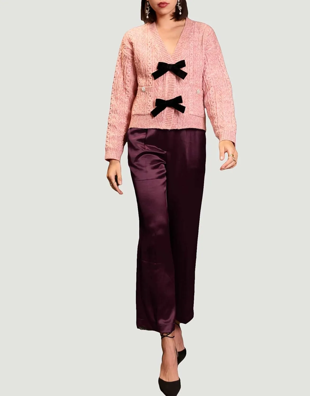 Women's Bow Front Cardigan Cropped Button Button Down V Neck Cropped Cable Knit Sweater Tops