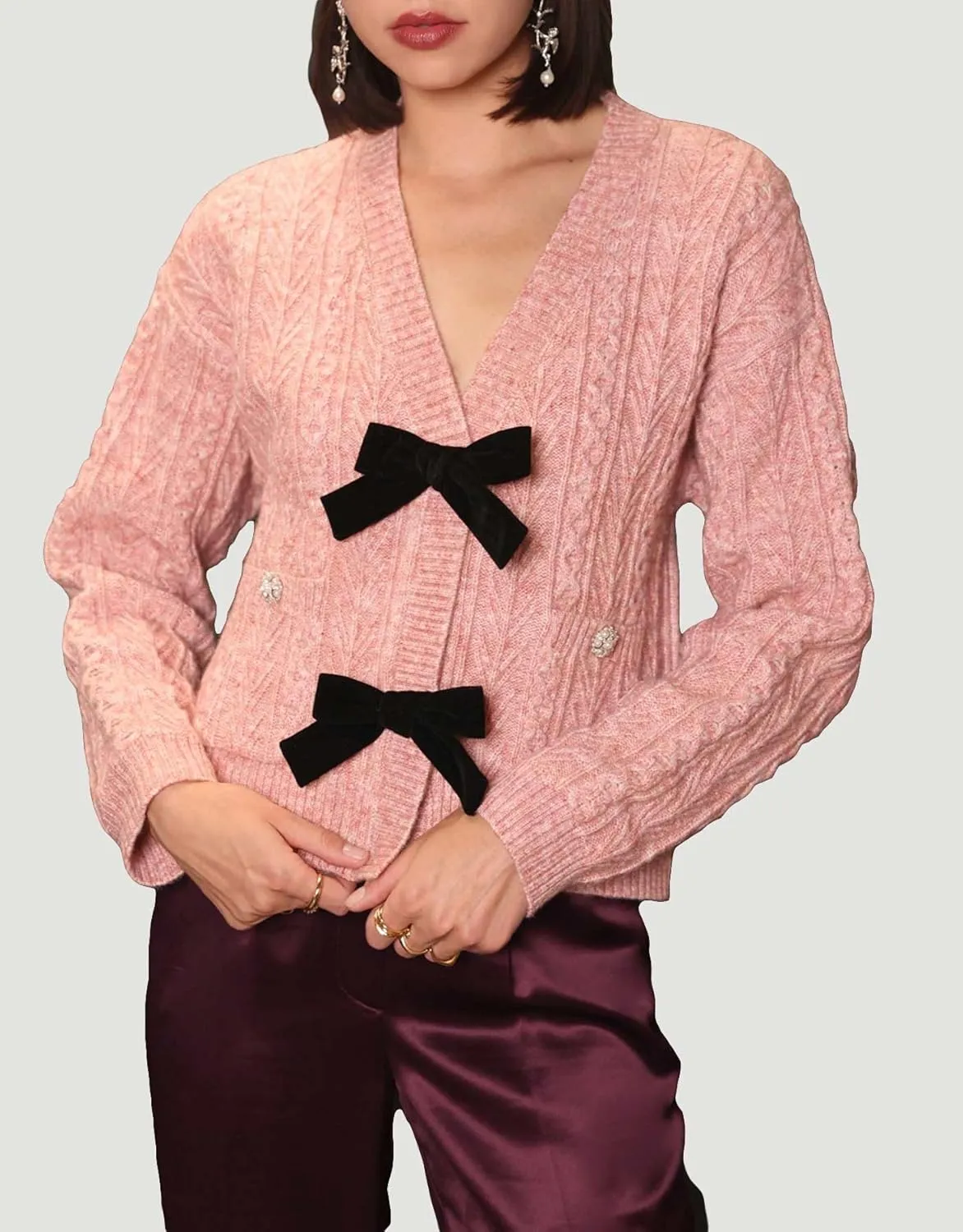 Women's Bow Front Cardigan Cropped Button Button Down V Neck Cropped Cable Knit Sweater Tops