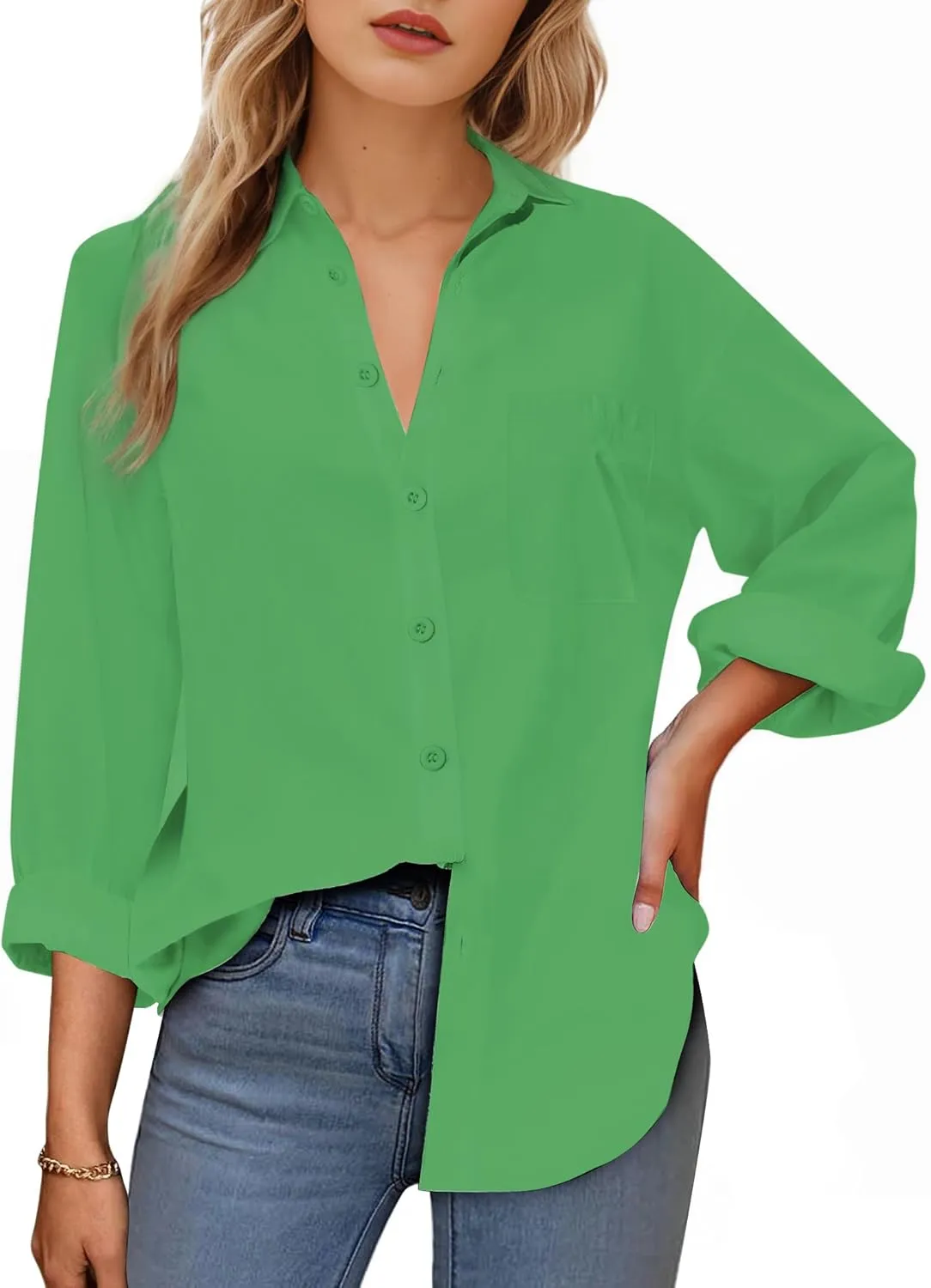 Womens Button Down Shirts, Long Sleeve Cotton Blouse for Women Casual, Collar Long Sleeve Blouse Tops for Pocket