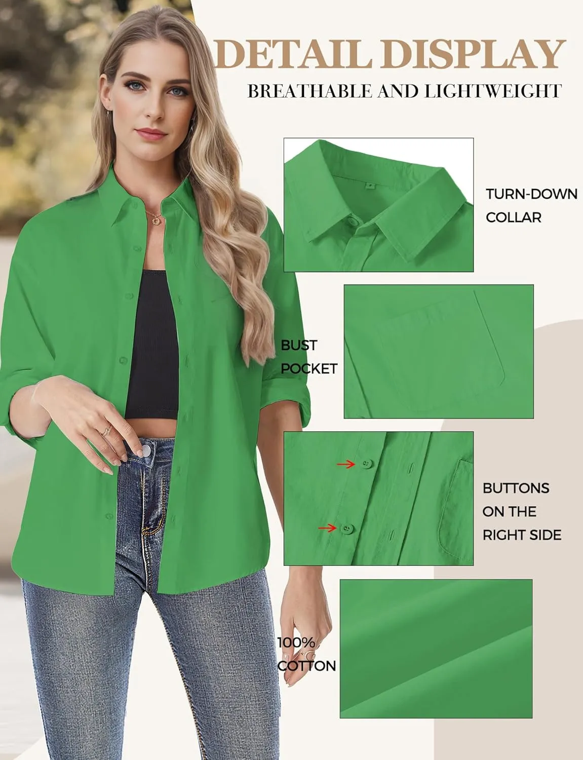 Womens Button Down Shirts, Long Sleeve Cotton Blouse for Women Casual, Collar Long Sleeve Blouse Tops for Pocket