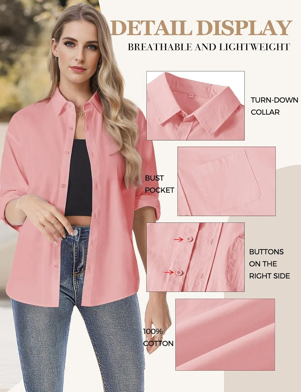 Womens Button Down Shirts, Long Sleeve Cotton Blouse for Women Casual, Collar Long Sleeve Blouse Tops for Pocket