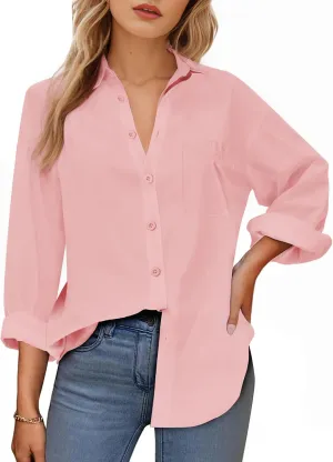 Womens Button Down Shirts, Long Sleeve Cotton Blouse for Women Casual, Collar Long Sleeve Blouse Tops for Pocket