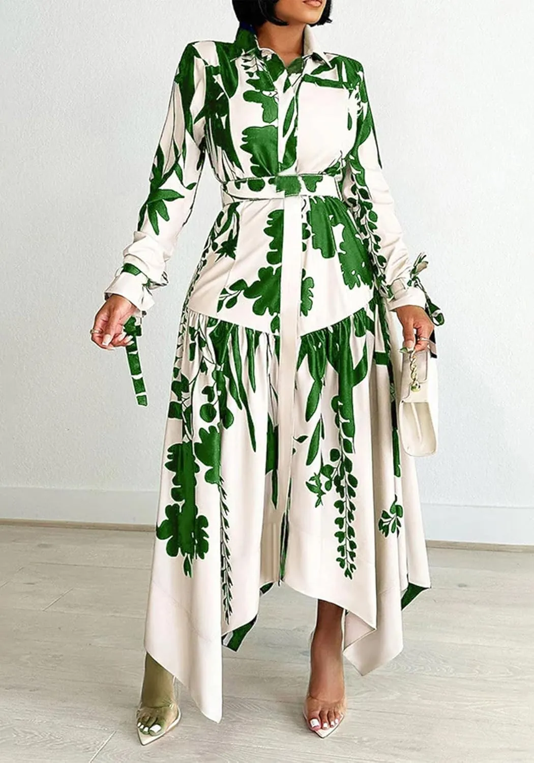 Women's Floral Print Dresses Long Sleeve Button Down Irregular Hem Maxi Dress with Belt