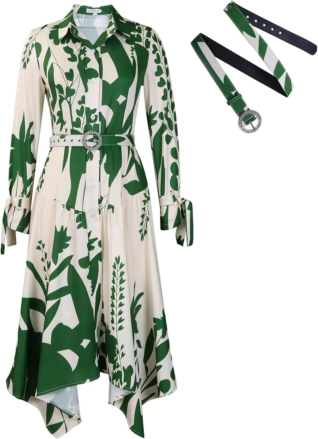 Women's Floral Print Dresses Long Sleeve Button Down Irregular Hem Maxi Dress with Belt
