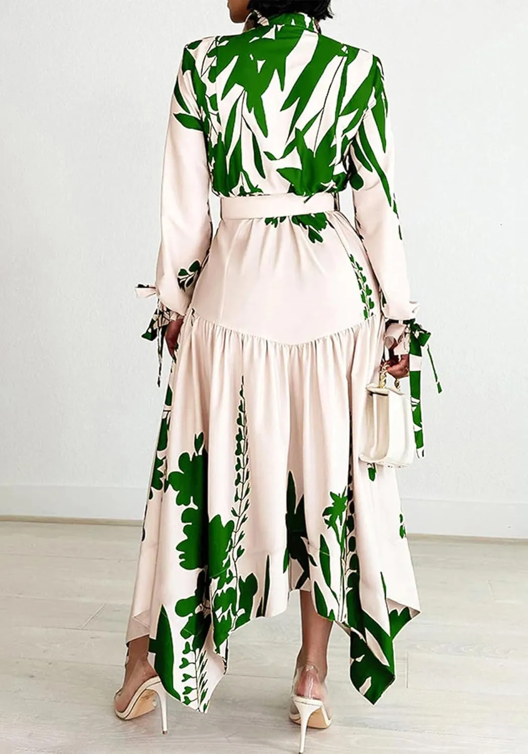 Women's Floral Print Dresses Long Sleeve Button Down Irregular Hem Maxi Dress with Belt