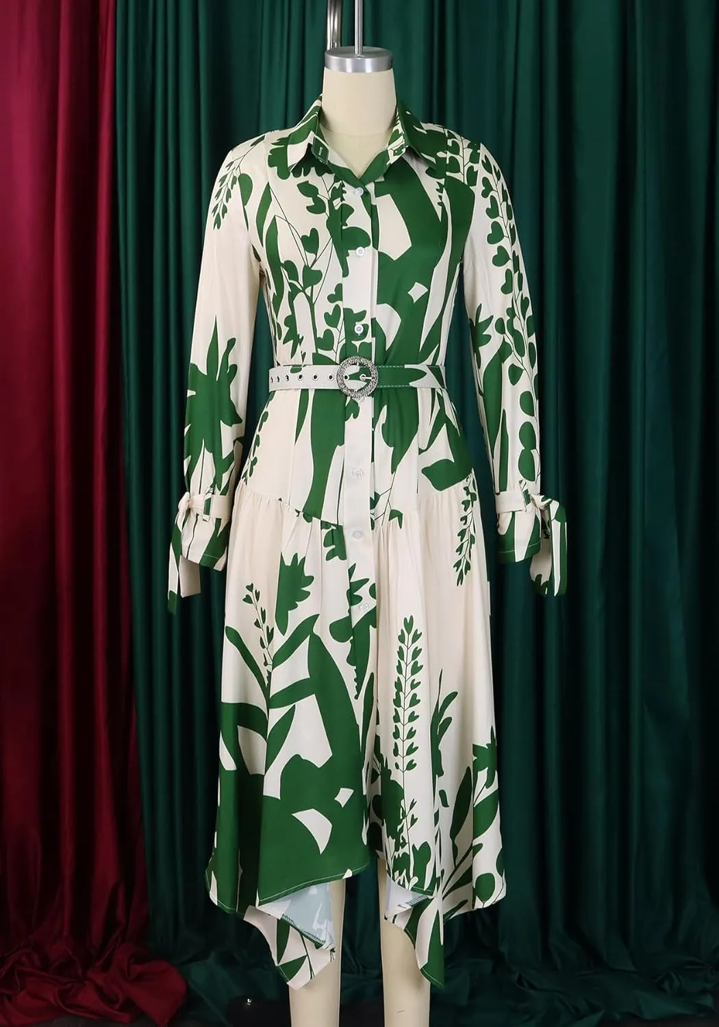 Women's Floral Print Dresses Long Sleeve Button Down Irregular Hem Maxi Dress with Belt