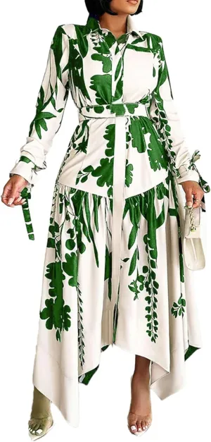 Women's Floral Print Dresses Long Sleeve Button Down Irregular Hem Maxi Dress with Belt