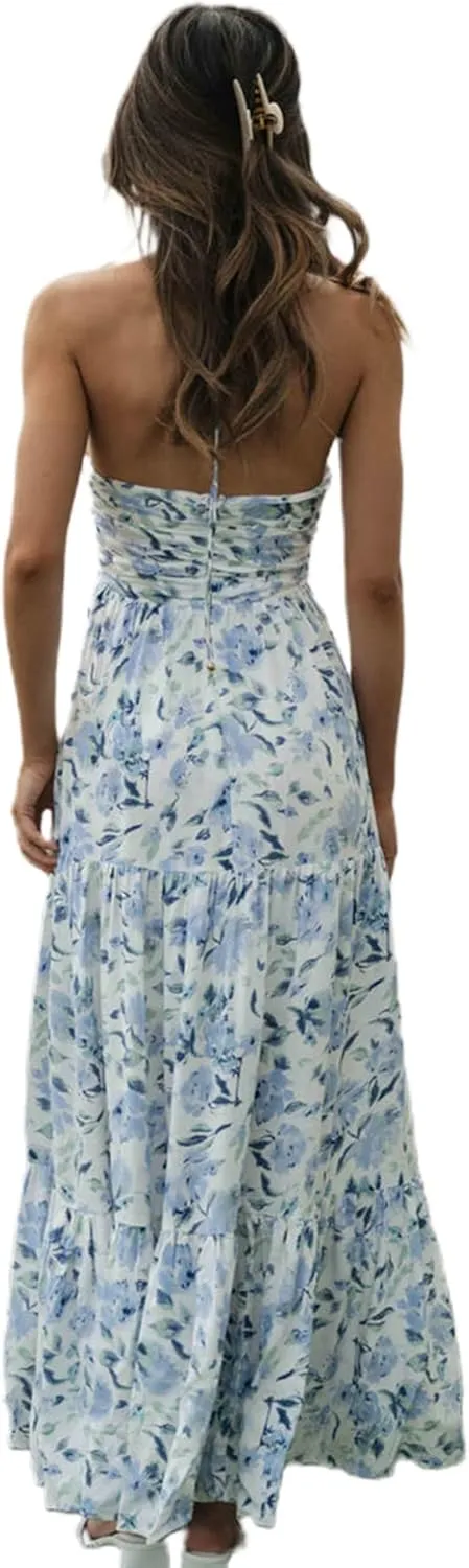 Women's Halter Neck Floral Maxi Dress 2024 Summer Boho Long Sundress Sexy Sleeveless Backless Flowy Ruffle Dress