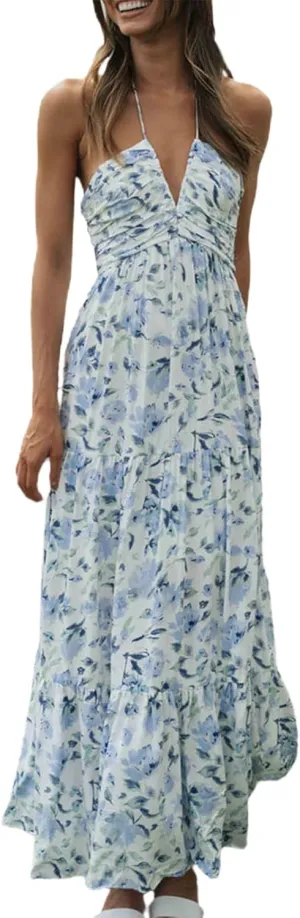 Women's Halter Neck Floral Maxi Dress 2024 Summer Boho Long Sundress Sexy Sleeveless Backless Flowy Ruffle Dress