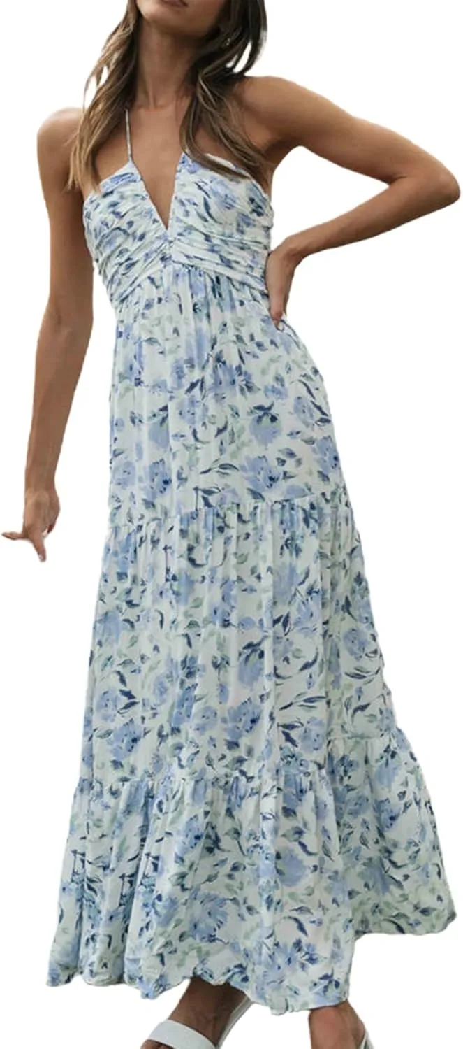 Women's Halter Neck Floral Maxi Dress 2024 Summer Boho Long Sundress Sexy Sleeveless Backless Flowy Ruffle Dress