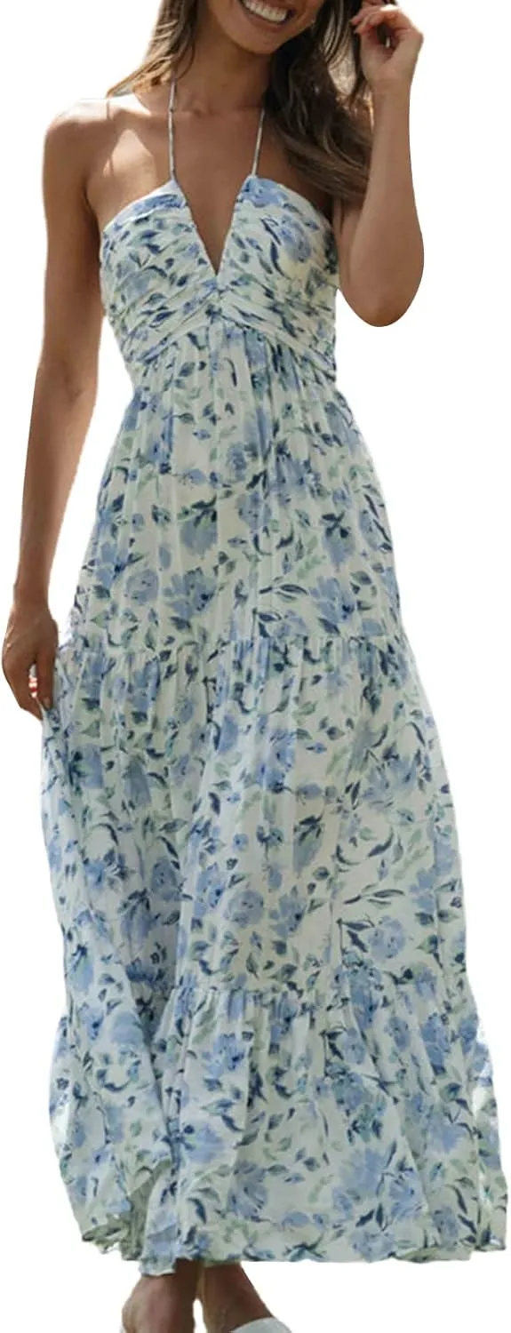 Women's Halter Neck Floral Maxi Dress 2024 Summer Boho Long Sundress Sexy Sleeveless Backless Flowy Ruffle Dress