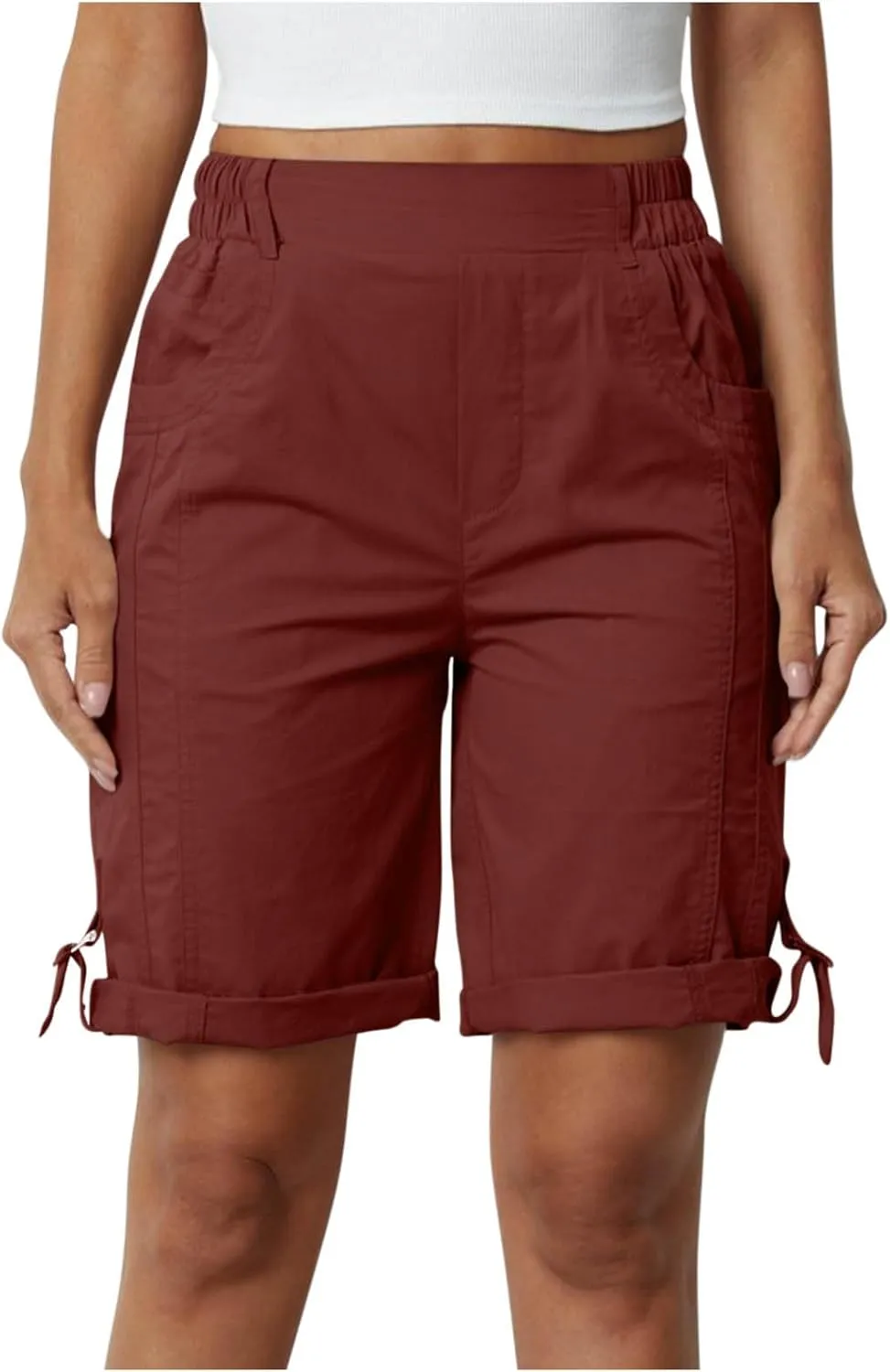 Women's Hiking Cargo Shorts with Pockets Quick Dry Lightweight Elastic High Waist Shorts Cuffed Hem Casual Summer Pant