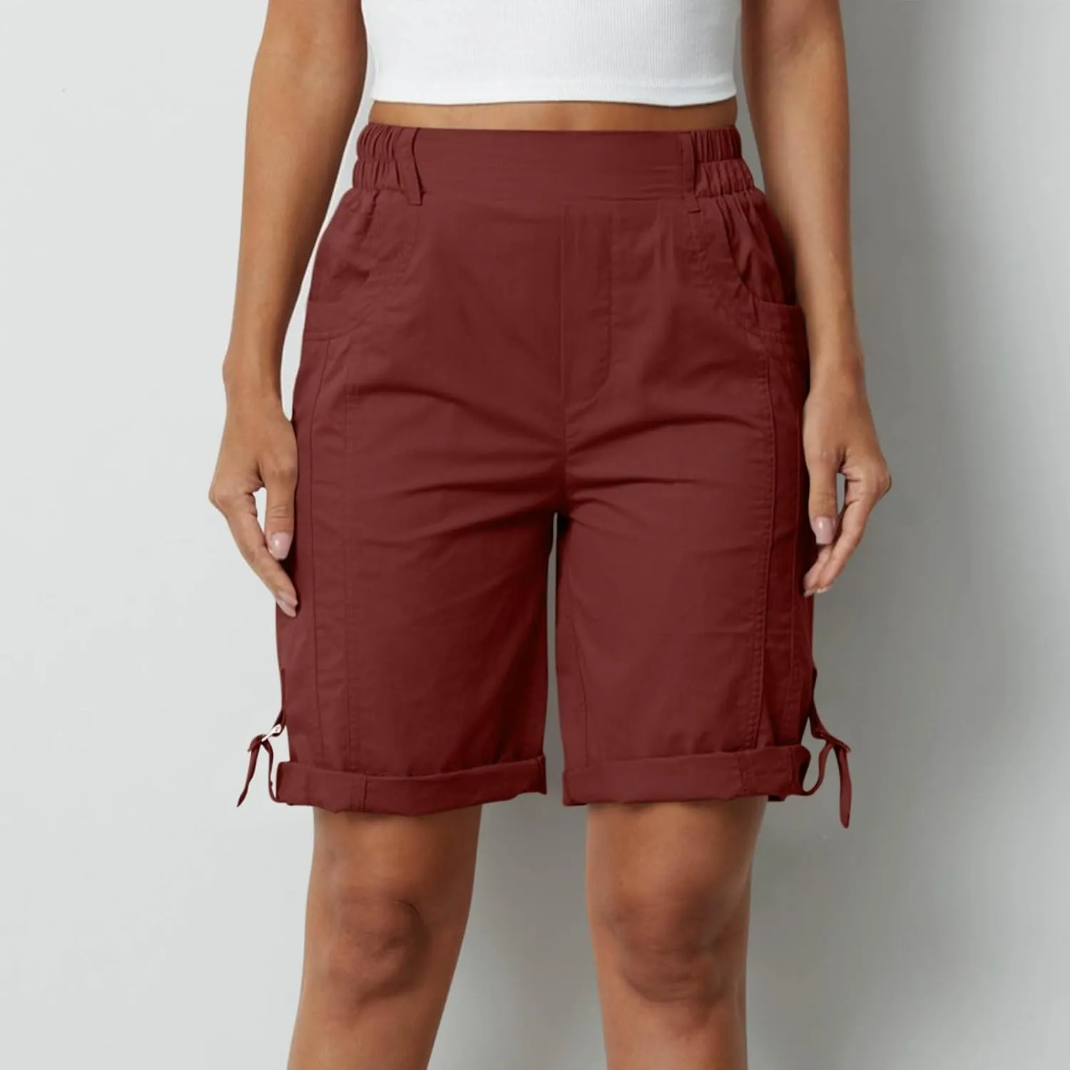 Women's Hiking Cargo Shorts with Pockets Quick Dry Lightweight Elastic High Waist Shorts Cuffed Hem Casual Summer Pant