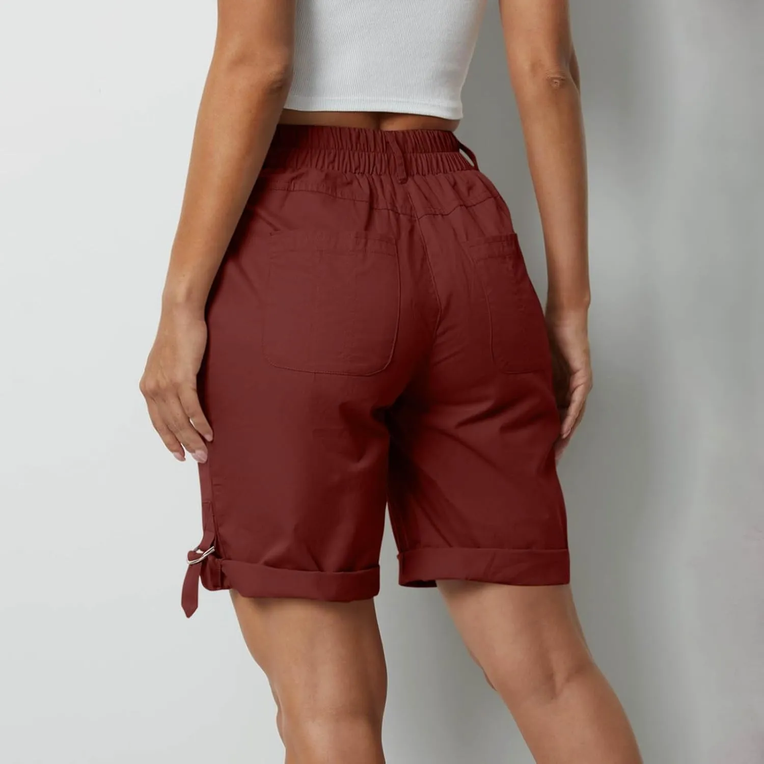 Women's Hiking Cargo Shorts with Pockets Quick Dry Lightweight Elastic High Waist Shorts Cuffed Hem Casual Summer Pant