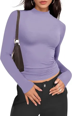 Womens Mock Turtle Neck Basic Long Sleeve T Shirt Slim Fit Tees Fall Y2k Going Out Crop Tops Cute Tight Shirts