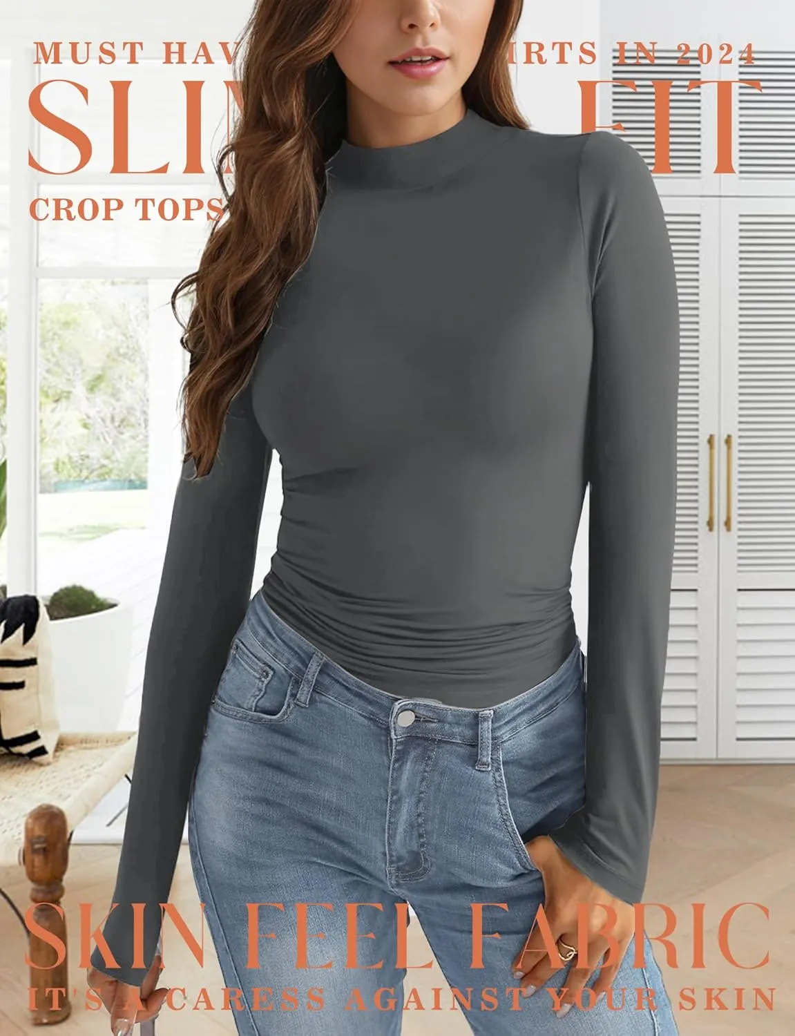 Womens Mock Turtle Neck Basic Long Sleeve T Shirt Slim Fit Tees Fall Y2k Going Out Crop Tops Cute Tight Shirts