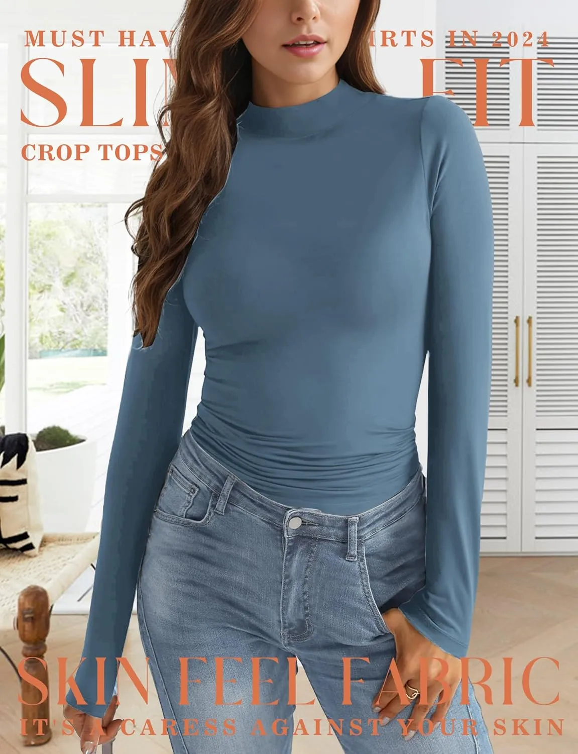 Womens Mock Turtle Neck Basic Long Sleeve T Shirt Slim Fit Tees Fall Y2k Going Out Crop Tops Cute Tight Shirts
