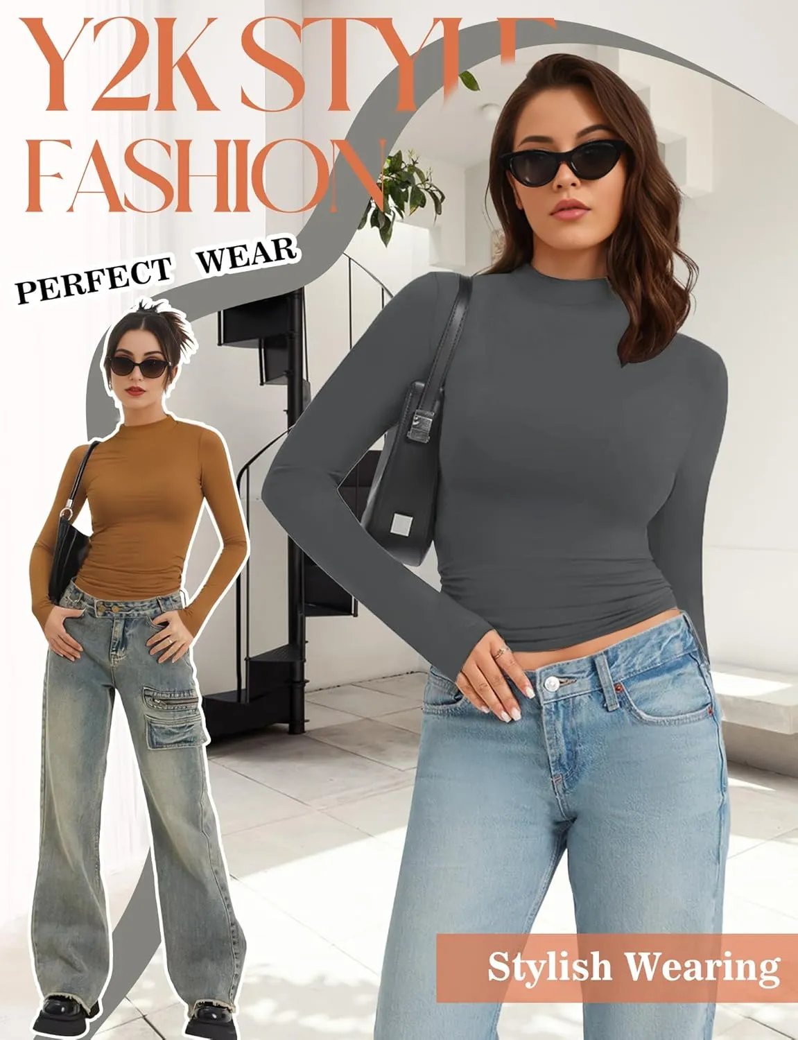 Womens Mock Turtle Neck Basic Long Sleeve T Shirt Slim Fit Tees Fall Y2k Going Out Crop Tops Cute Tight Shirts