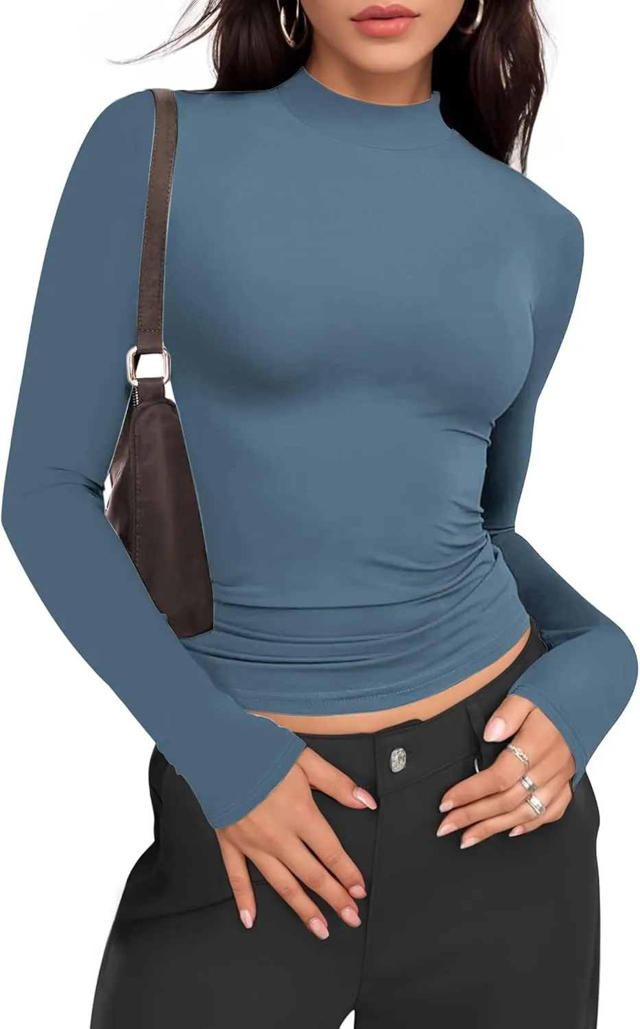 Womens Mock Turtle Neck Basic Long Sleeve T Shirt Slim Fit Tees Fall Y2k Going Out Crop Tops Cute Tight Shirts