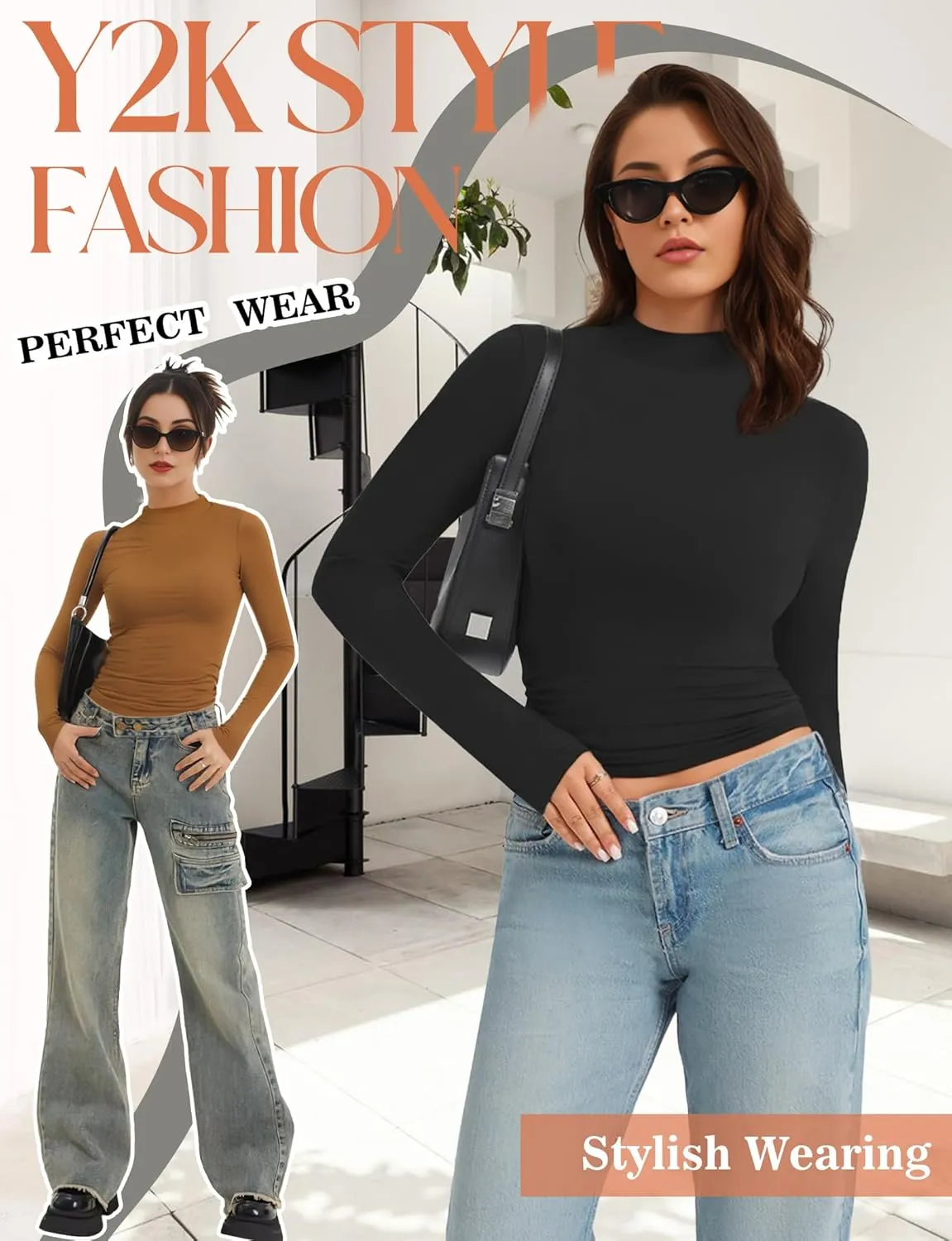 Womens Mock Turtle Neck Basic Long Sleeve T Shirt Slim Fit Tees Fall Y2k Going Out Crop Tops Cute Tight Shirts