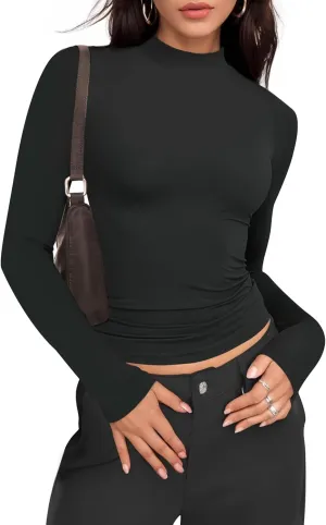 Womens Mock Turtle Neck Basic Long Sleeve T Shirt Slim Fit Tees Fall Y2k Going Out Crop Tops Cute Tight Shirts