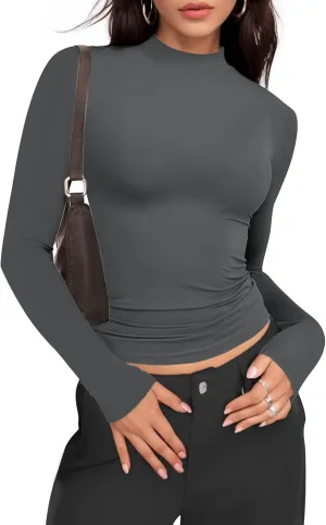 Womens Mock Turtle Neck Basic Long Sleeve T Shirt Slim Fit Tees Fall Y2k Going Out Crop Tops Cute Tight Shirts
