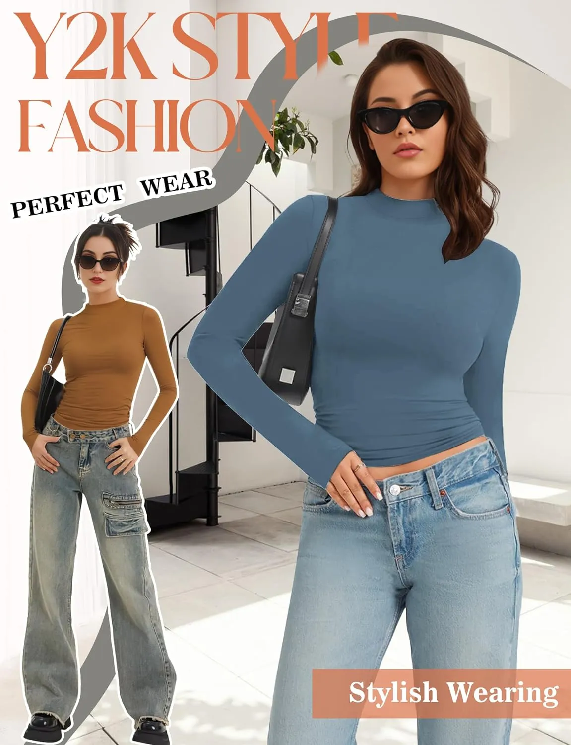 Womens Mock Turtle Neck Basic Long Sleeve T Shirt Slim Fit Tees Fall Y2k Going Out Crop Tops Cute Tight Shirts