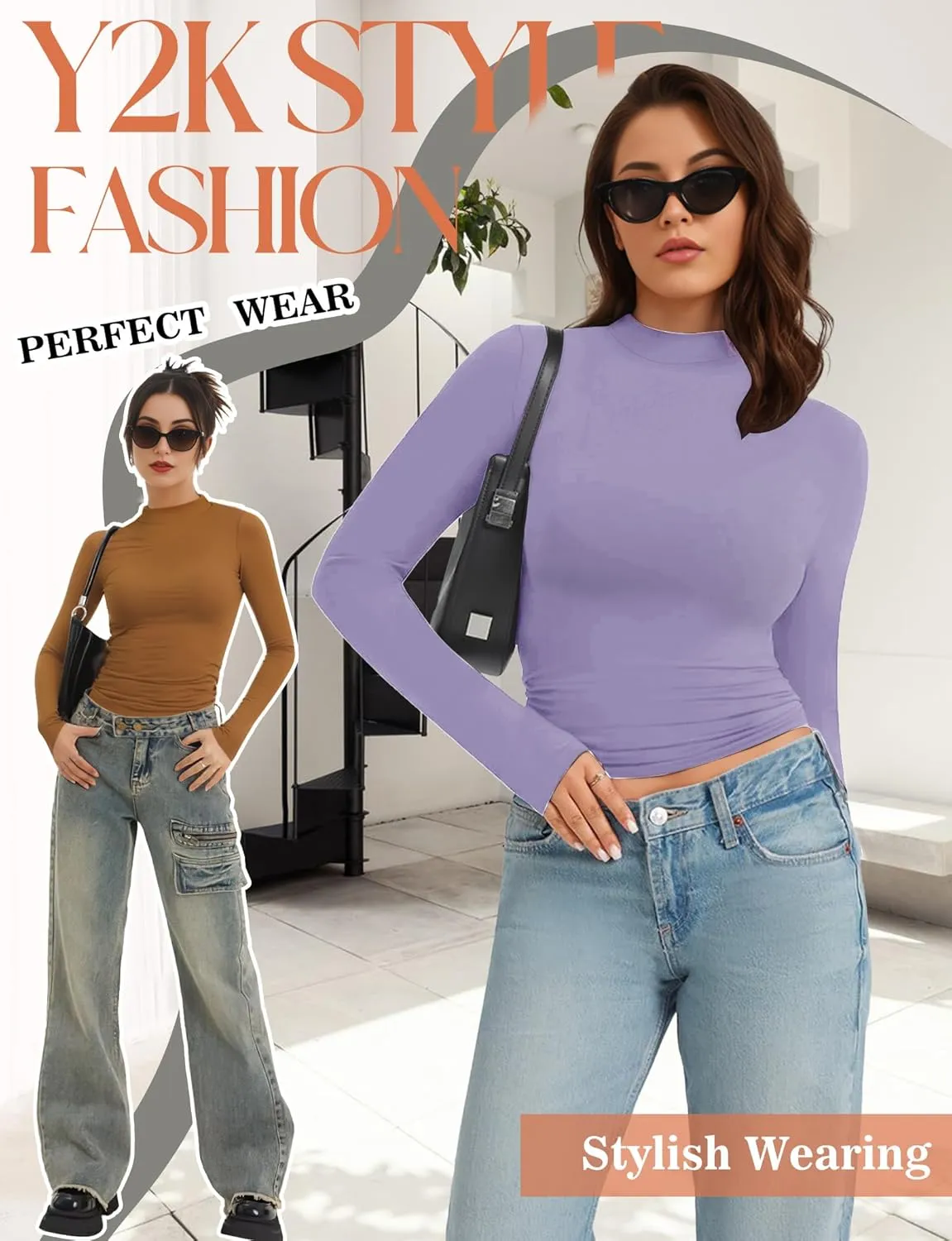 Womens Mock Turtle Neck Basic Long Sleeve T Shirt Slim Fit Tees Fall Y2k Going Out Crop Tops Cute Tight Shirts