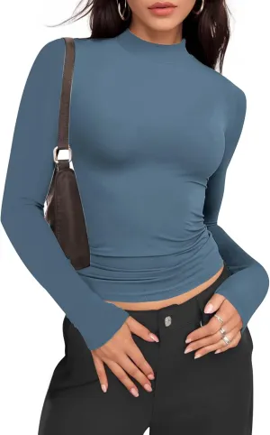 Womens Mock Turtle Neck Basic Long Sleeve T Shirt Slim Fit Tees Fall Y2k Going Out Crop Tops Cute Tight Shirts
