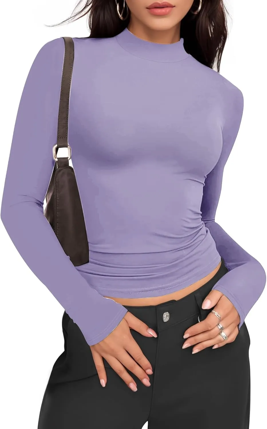 Womens Mock Turtle Neck Basic Long Sleeve T Shirt Slim Fit Tees Fall Y2k Going Out Crop Tops Cute Tight Shirts