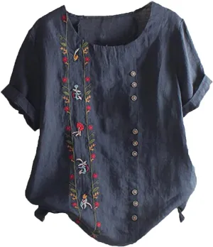 Women's Plus Size Cotton Linen Blouse Short Sleeve Embroidered Floral Print Shirts Casual Round Neck Button Tops Tunic