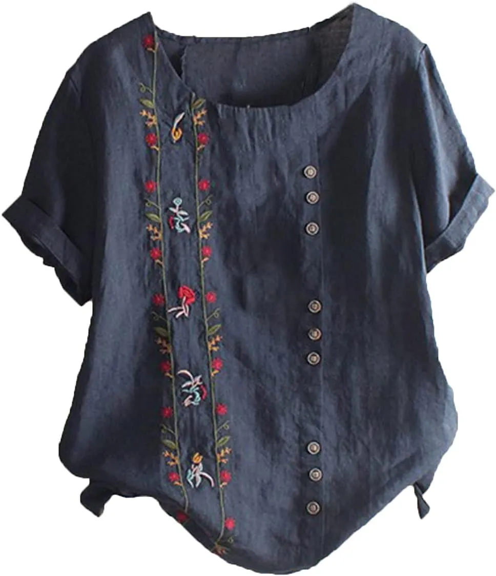 Women's Plus Size Cotton Linen Blouse Short Sleeve Embroidered Floral Print Shirts Casual Round Neck Button Tops Tunic