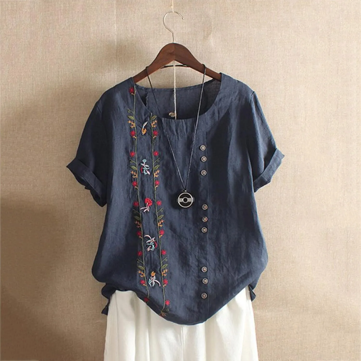 Women's Plus Size Cotton Linen Blouse Short Sleeve Embroidered Floral Print Shirts Casual Round Neck Button Tops Tunic