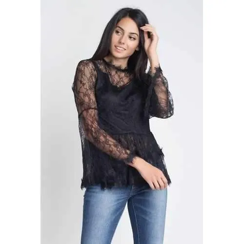 Women's Semi Lace Zipper Back Flare Sleeve Blouse