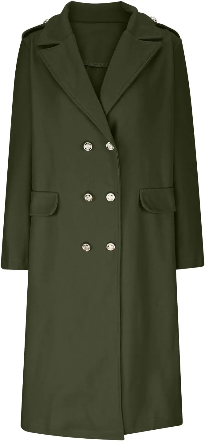 Wool Blend Trench Coat for Women, Fashion Casual Notch Lapel Double Breasted Mid Long Pea Coats Loose Overcoat Jacket