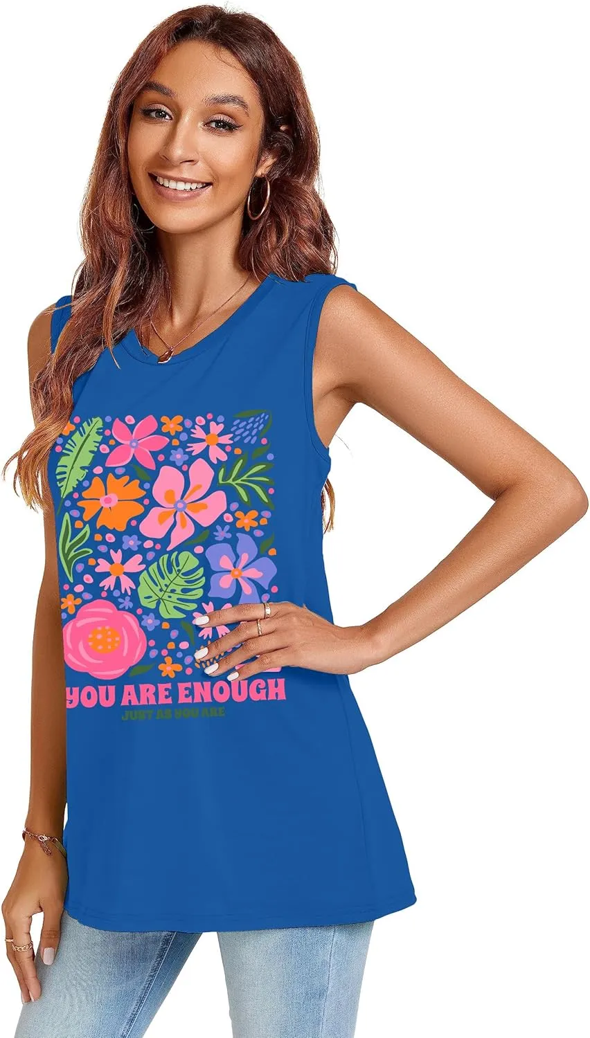 You are Enough Flower Shirt for Women Positive Quotes Tee Top Flower Market Beach Tank Tops