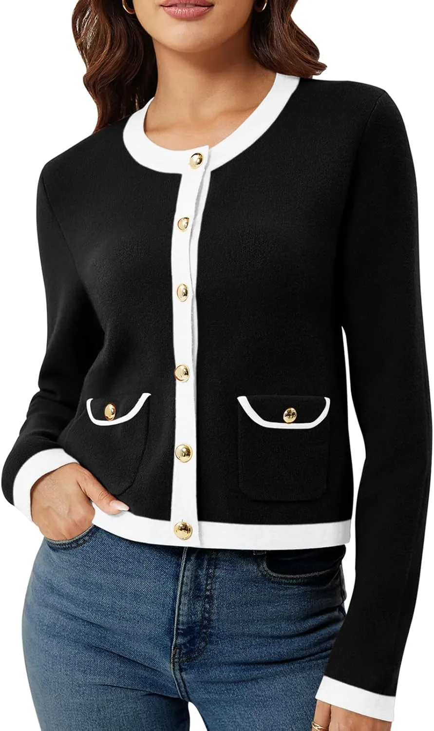 Yousify Womens Button Down Cardigan Long Sleeve Color Block Cropped Cardigan Sweaters Knit Blazer with Pockets