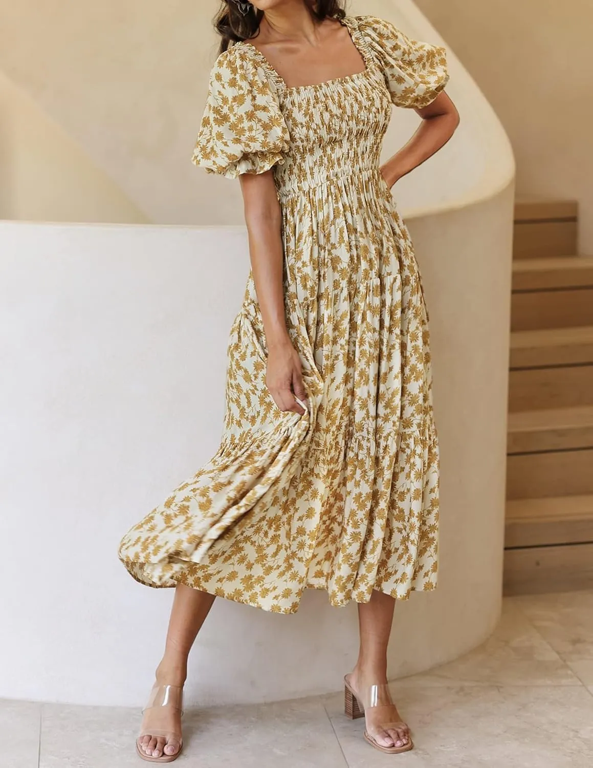 ZESICA Women's 2025 Summer Boho Floral Print Square Neck Ruffle Swing Beach Long Maxi Dress