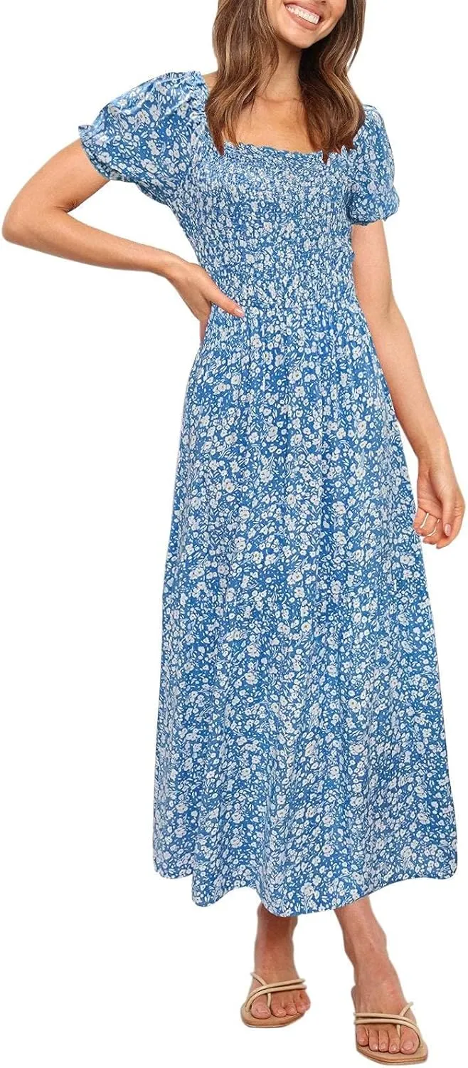 ZESICA Women's 2025 Summer Boho Floral Print Square Neck Ruffle Swing Beach Long Maxi Dress