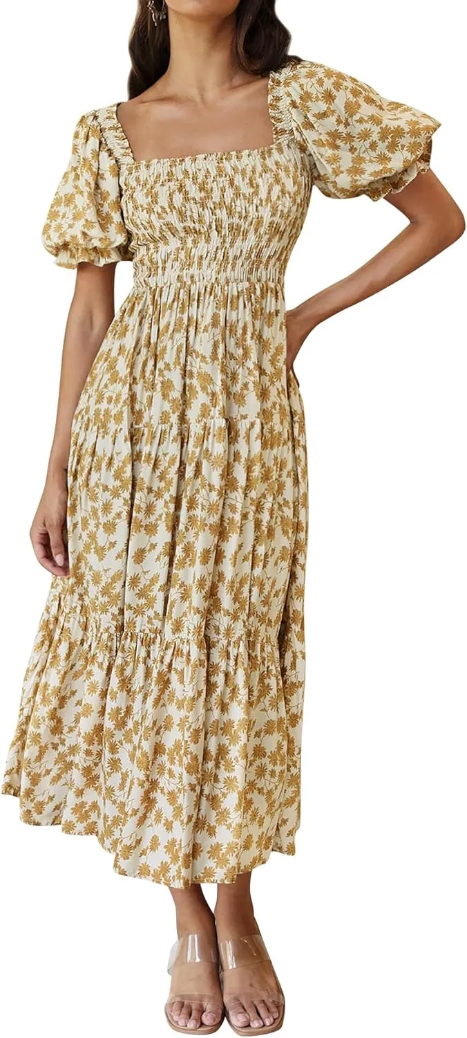 ZESICA Women's 2025 Summer Boho Floral Print Square Neck Ruffle Swing Beach Long Maxi Dress